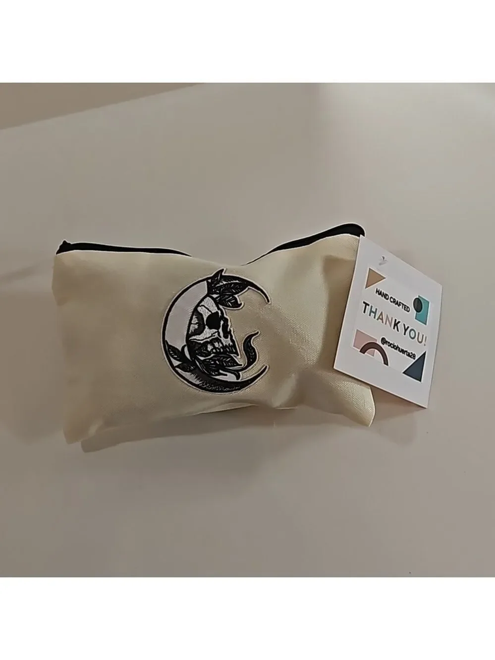 Hand Crafted Multi-use Bag Beige Zipper Pencil Case Skull Motif Iron-on Patch